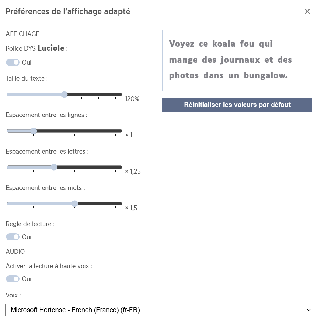 Préférences de l'affichage adapté